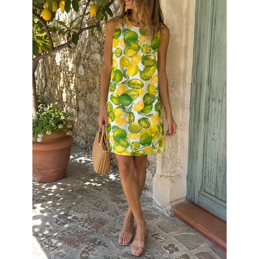Vintage Mica Citrus Fruit Print Shift Dress Sleeveless Green Yellow Size 6